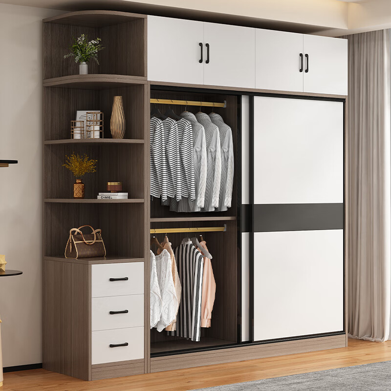 Mojing ready-made package installation all solid wood wardrobe bedroom sliding wardrobe rental house storage storage sliding door wardrobe 2.0 main cabinet three doors + side cabinet + top cabinet
