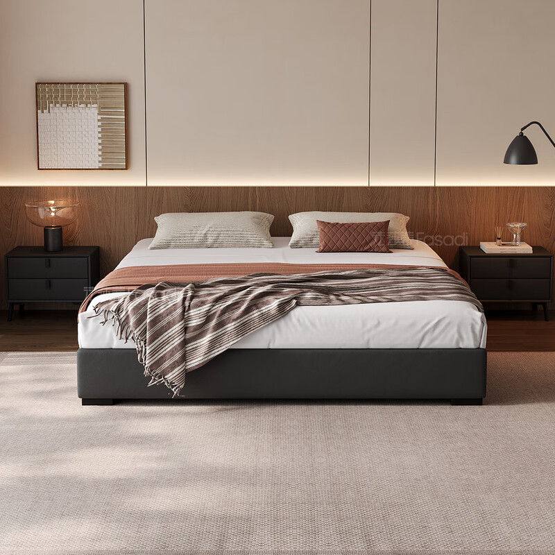 Fasati no bedside master bedroom small apartment floor-standing Italian minimalist leather bed light luxury modern simple backless bed single bed (flagship version 20cm ribbed frame) 1.8*2m box frame structure