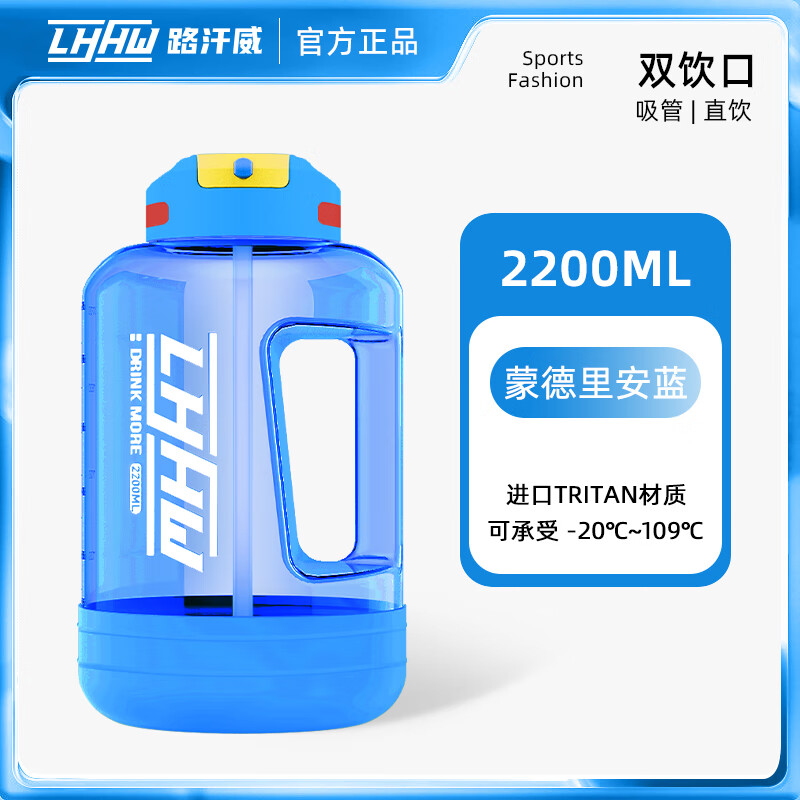 LHHW Road Khanwei ton bucket super large capacity kettle sports fitness tritan water cup high temperature resistant summer straw cup Mondrian blue high temperature resistant 109 2.2L