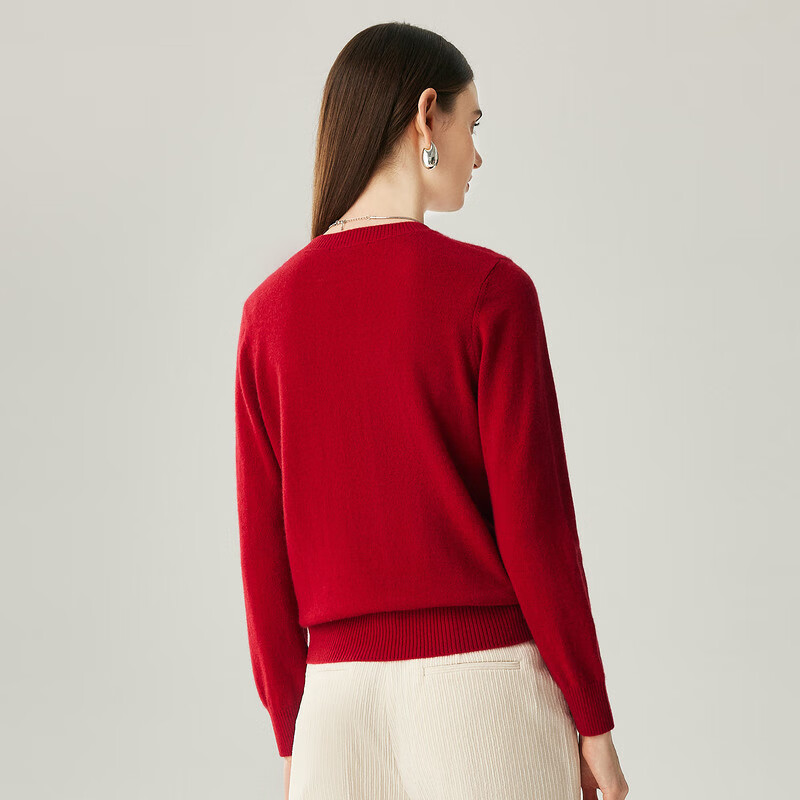 Zhaojun 2025 Autumn and Winter Contrast Color Zodiac Cashmere Sweater Women's Knitted Sweater Round Neck Bottoming Sweater Burgundy Red L