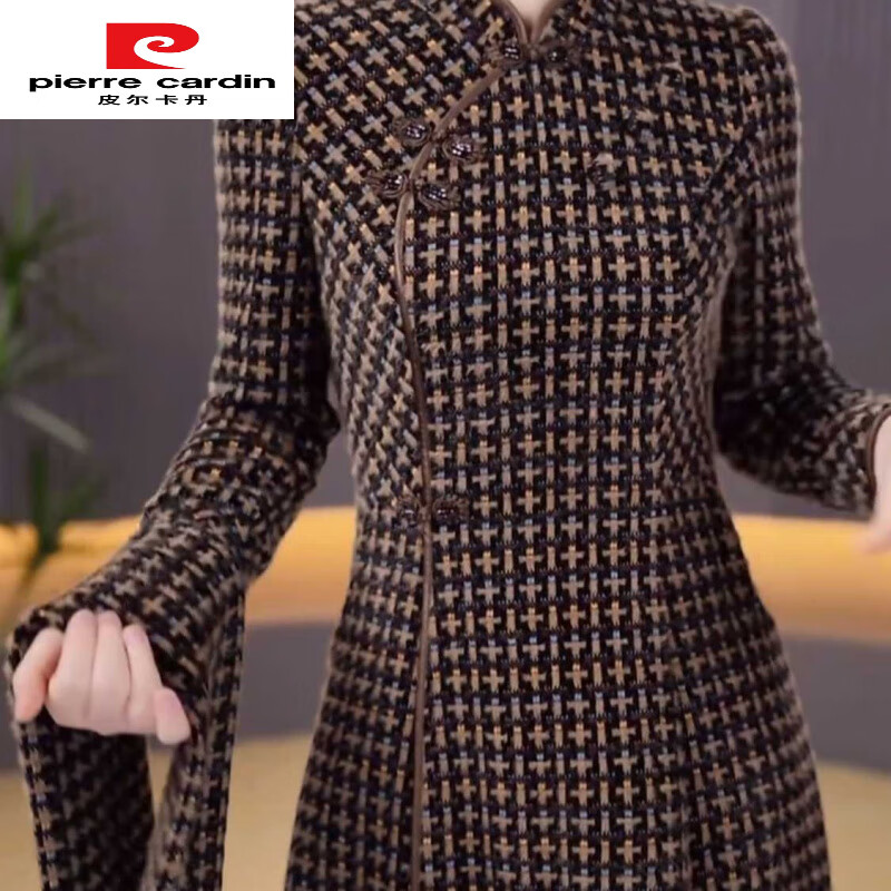 Pierre Cardin (Pierre Cardin) Western-style one-piece velvet improved cheongsam dress autumn and winter new new Chinese style warm and slimming cheongsam dress for middle-aged mothers 1085# Elegant coffee color non-wool + back zipper XL 115-125 pounds Please see details when placing an order