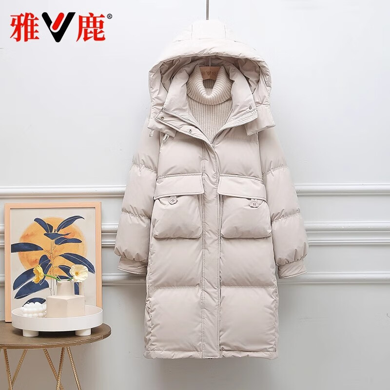 Yalu Down Jacket Women's Mid-Length Winter Hooded Warm Thickened Fashion Large Size Commuting Versatile Temperament Windproof Jacket Black L Recommended 110-130 catties