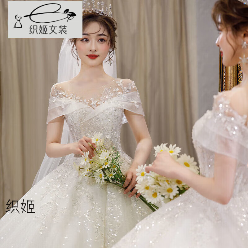 Orihime one-shoulder light wedding dress 2025 new temperament main yarn bride summer cover thick arms floor-length large tail princess style floor-length style standard mid-waist veil bustle one size M size recommended under 100 pounds