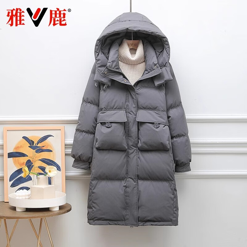Yalu Down Jacket Women's Mid-Length Winter Hooded Warm Thickened Fashion Large Size Commuting Versatile Temperament Windproof Jacket Black L Recommended 110-130 catties
