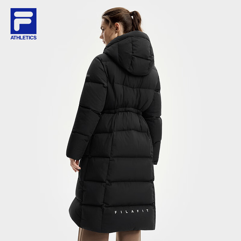 Fila Fila official women's long goose down down jacket 2025 winter new fitness sports warm hooded jacket dark black-BK M 165/84A/M