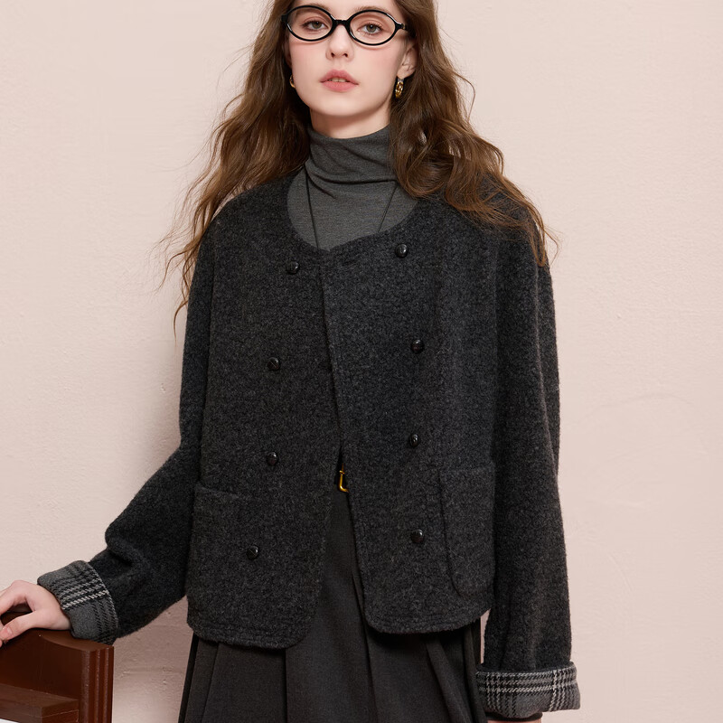 Tricolor Sheep Wool 2025 Winter New Style Fragrant Wool Coat Short Spliced Single Face Wool Jacket M Dark Gray M 160/84A