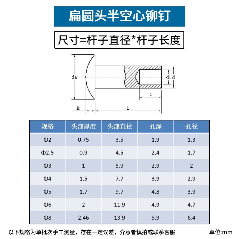 XMSJ304 stainless steel semi-hollow rivets flat round head hollow rivets diameter 2mm 50 pieces pole length 13mm