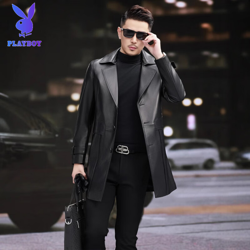 Playboy (PLAYBOY) Spring and Autumn New Men's Genuine Leather Jacket Mid-Length Windbreaker Business Casual Temperament Jacket Korean Slim Coat Black XL 115 Jin-130 Jin