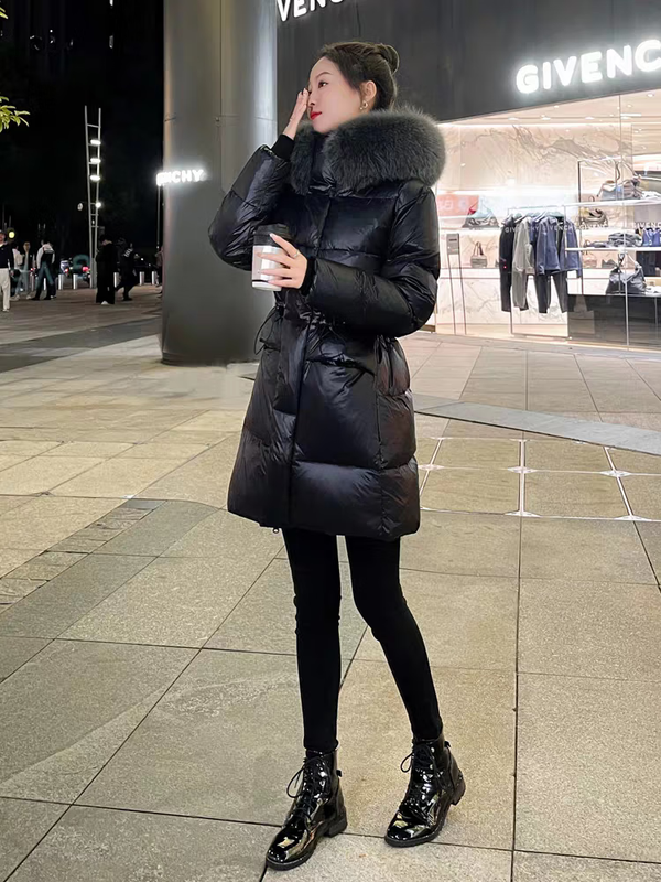 QVI high-end brand down jacket women's mid-length 2025 winter new style fashionable loose slimming thickened white duck down jacket black (real fox big fur collar) XL 130-145 catties