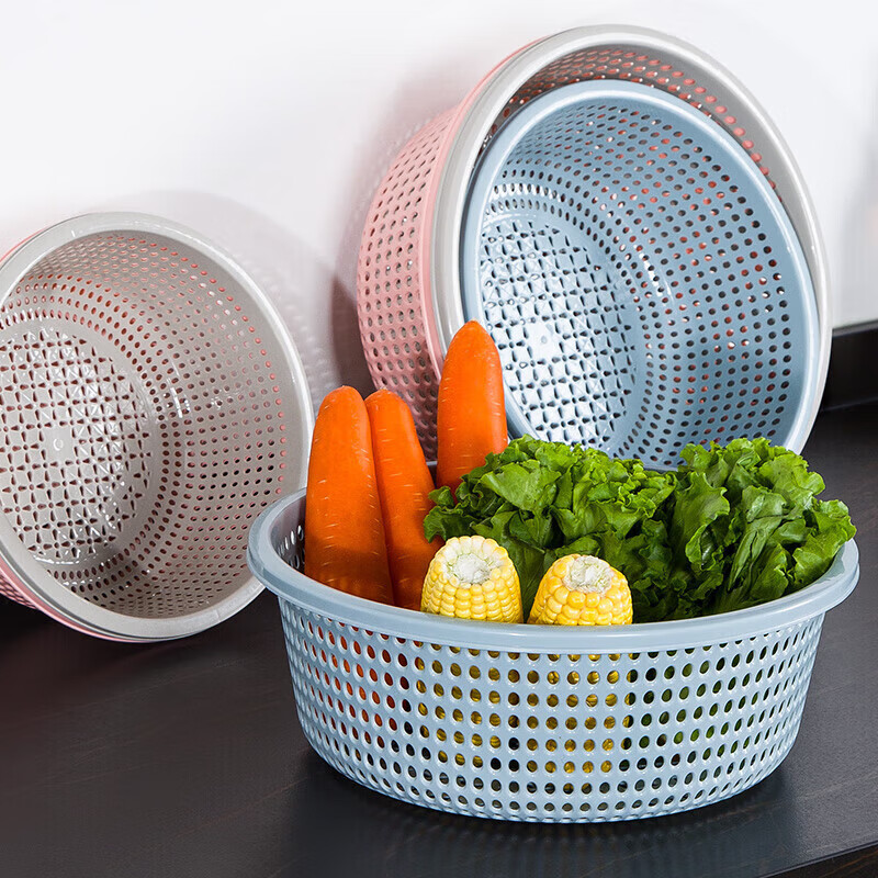 Tanqi kitchen drain basket plastic fruit washing sieve vegetable sieve household vegetable basin extra thick round hollow vegetable basket three-piece set pastoral powder large single (41cm)
