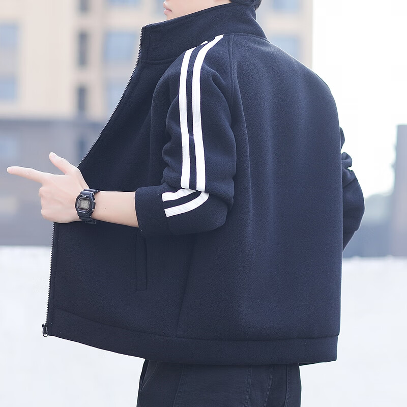 Guqian Jacket Men's Autumn and Winter Casual Loose Stand-Collar Jacket Men's Fleece Warm Striped Polar Fleece Coat Top Clothes Green L - Recommended 120-140 catties