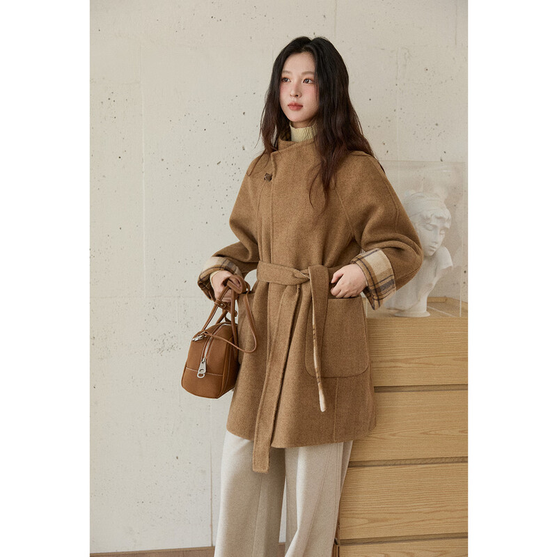 Mystery Show Two-Wear Plaid Double-sided Woolen Coat 2025 Autumn and Winter New Women's Autumn and Winter Retro Woolen Coat Mid-Length Brown Yellow Kagge Jacket S