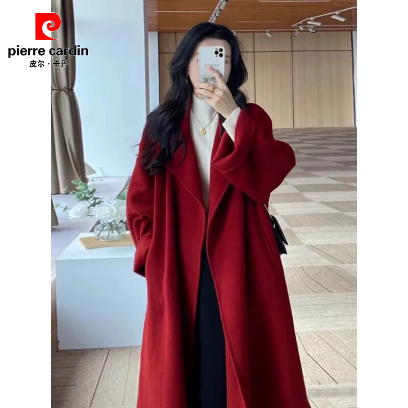 Pierre Cardin Sicilian red double-sided cashmere coat for women petite 2025 autumn and winter new loose-feeling woolen coat red XL
