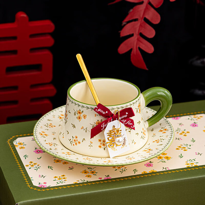 Persson Engagement Wedding Gift Coffee Pair Cup Wedding Gift for Best Friend Bride and Couple High-end Practical High-End Exquisite Gift Haute Couture Gift Box Spring Cute Cup and Saucer Set-2 Cups, 2 Saucers, 2 Spoons