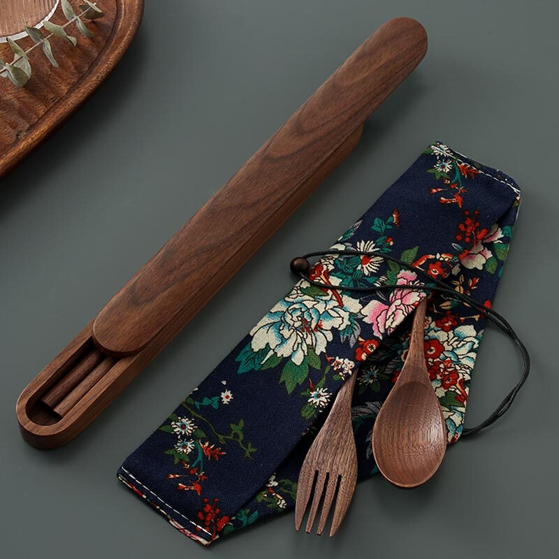 ZISIZ walnut chopsticks and spoon set portable tableware three-piece set single solid wood chopstick storage box customized walnut chopsticks + spoon + fork + ethnic cloth bag