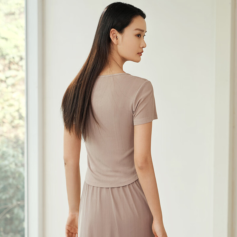 Jin Santa Ladies Silk Wearable Ribbed Right Shoulder Short Sleeve Shirt Skirt Almond Gray (Shirt) M