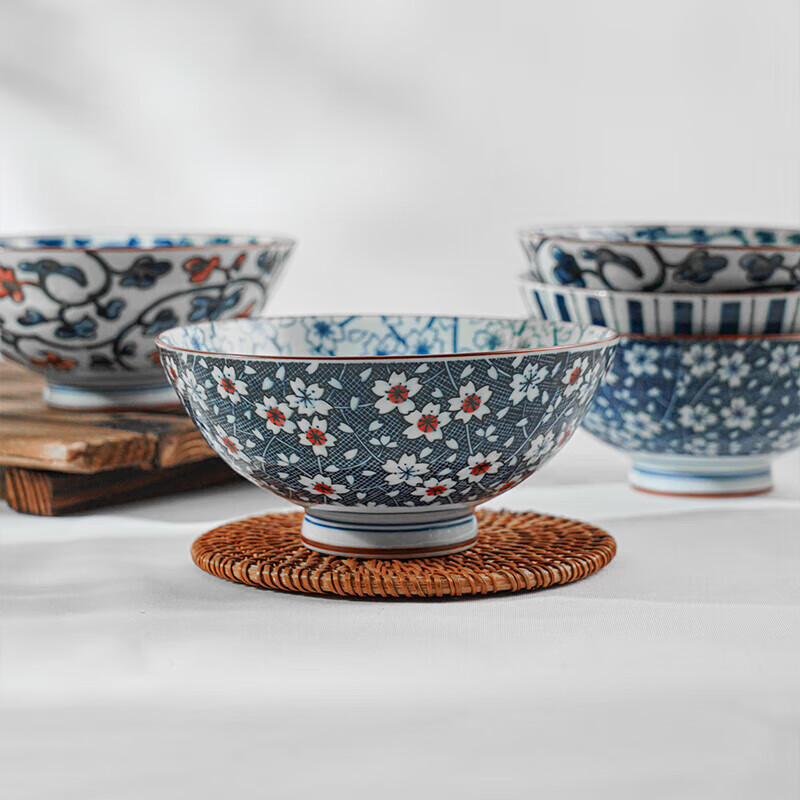 Mino-yaki rice bowl 5.5 inches 5-piece set Japanese-style arabesque pattern tall bowl gift box