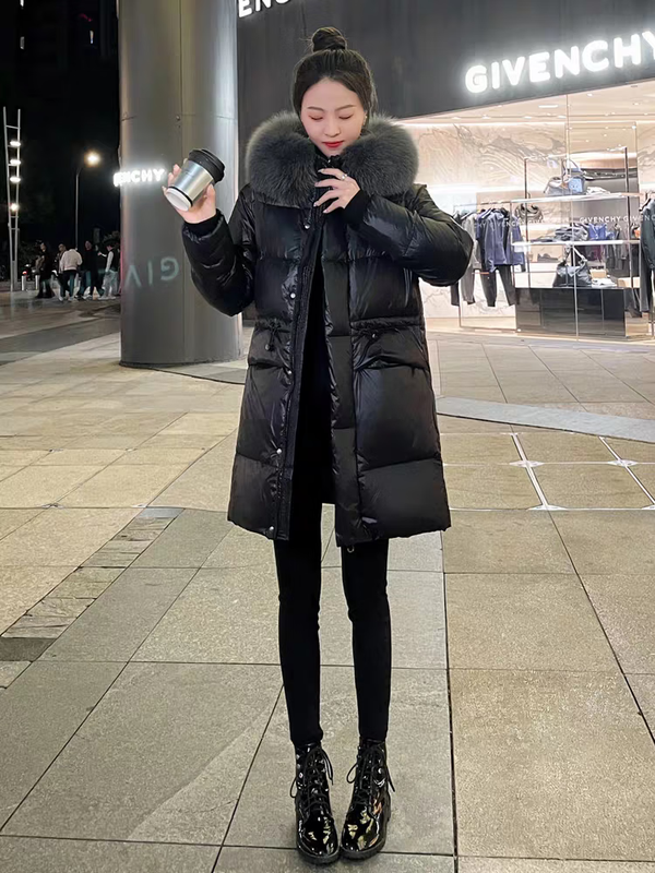 QVI high-end brand down jacket women's mid-length 2025 winter new style fashionable loose slimming thickened white duck down jacket black (real fox big fur collar) XL 130-145 catties