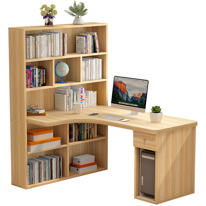 Slikai Desk Bookshelf Integrated Desk Bookcase Combination Corner Solid Wood Corner Student Study Desk Writing Desk L-shaped Computer Light Walnut Length 140 Bring the goods to your home