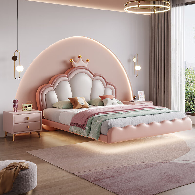 Cream style children's bed girl's dream internet celebrity princess bed cartoon cute shell crown leather girl's suspended bed bed + 20cmT333 fully disassembled spring latex mat + cabinet * 2 1500mm * 2000mm