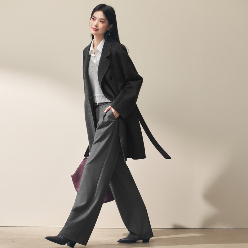 Eveli Jiang Xin word-of-mouth coat camel velvet silk double placket waist double-sided woolen coat women's autumn new style dark gray mid-length knee-length S