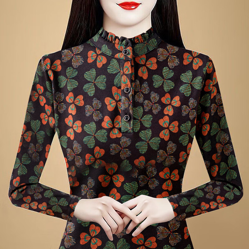 Orchid printed bottoming shirt women's 2025 autumn and winter new age-reducing temperament German velvet warm stand-up collar T-shirt tops coffee bottom printing M