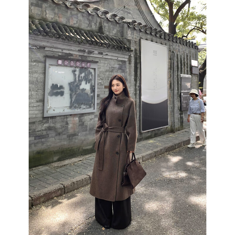 Pusumede Manchester City full wool double-sided woolen coat women's mid-length waisted woolen coat brown brown ready stock M