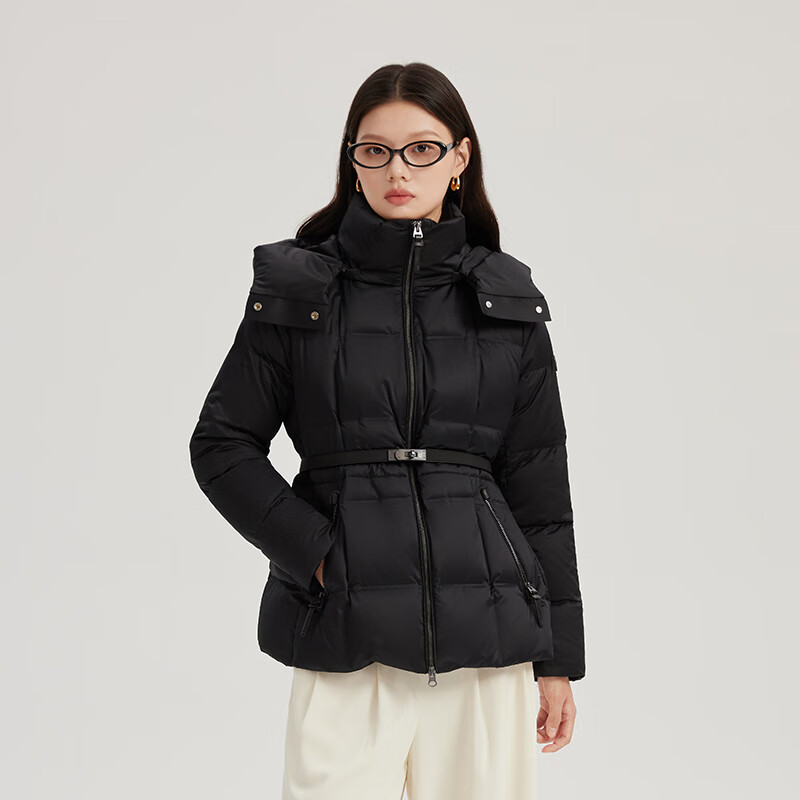 Ai Lai Down Jacket Women's Fashion Commuting Patchwork Waist Warm Hooded Winter New Year Jacket Carbon Black M