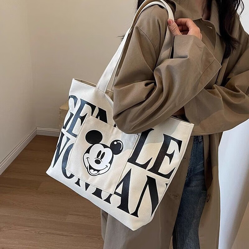 Large-capacity tote bag for women, Japanese cartoon canvas bag, versatile shoulder bag, beige medium bag