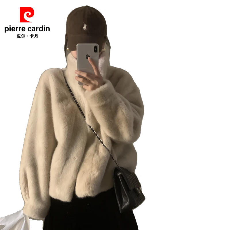 Pierre Cardin mink fur all-in-one coat for women 2025 winter new stand-up collar thickened eco-friendly fur top, apricot S 90-105 catties