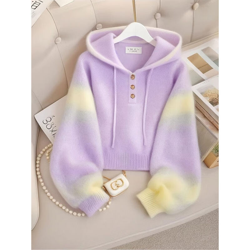 XiangDuoEr (XiangDuoEr) Korean purple loose lazy style high-end hooded sweater 2025 autumn new style casual knitted top Purple 3434# M recommended within 100 pounds