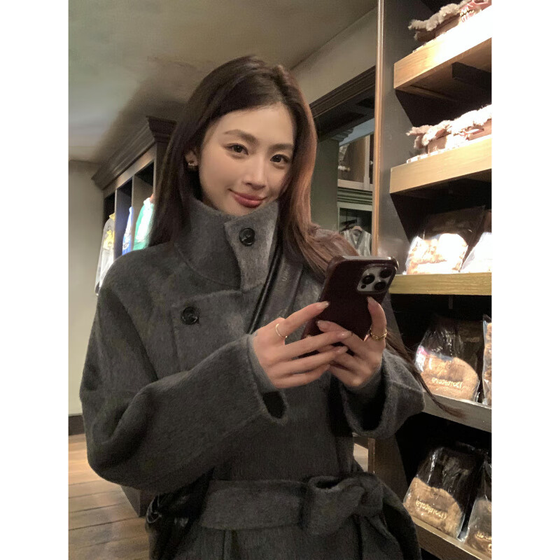 Pusumede Manchester City full wool double-sided woolen coat women's mid-length waisted woolen coat brown brown ready stock M