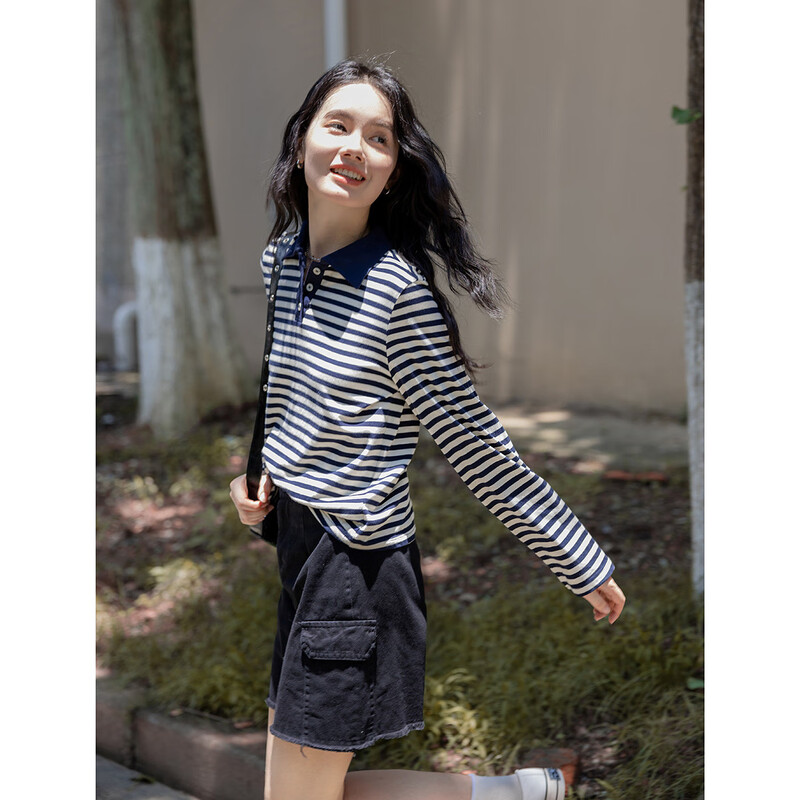 Demana New Interpretation of Stripes 100% Cotton Fresh Contrast Color Striped Polo Collar Versatile Women's T-Shirt Navy L