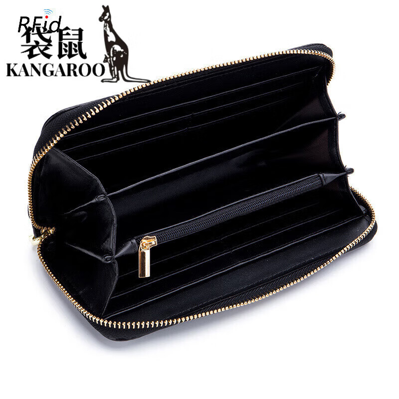 Kangaroo (KANGAROO) 2025 Chinese Valentine's Day genuine leather women's wallet anti-theft brush large capacity long cowhide card bag mobile phone bag for women multi-color optional black