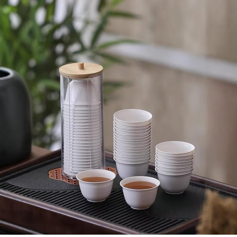 Jingkodi rice husk disposable tea cup with storage cup holder, high temperature resistance, home office, hospitality, tea tasting, environmentally friendly rice fragrance cup, thickened rice husk cup, two packs of 100, about 60ml