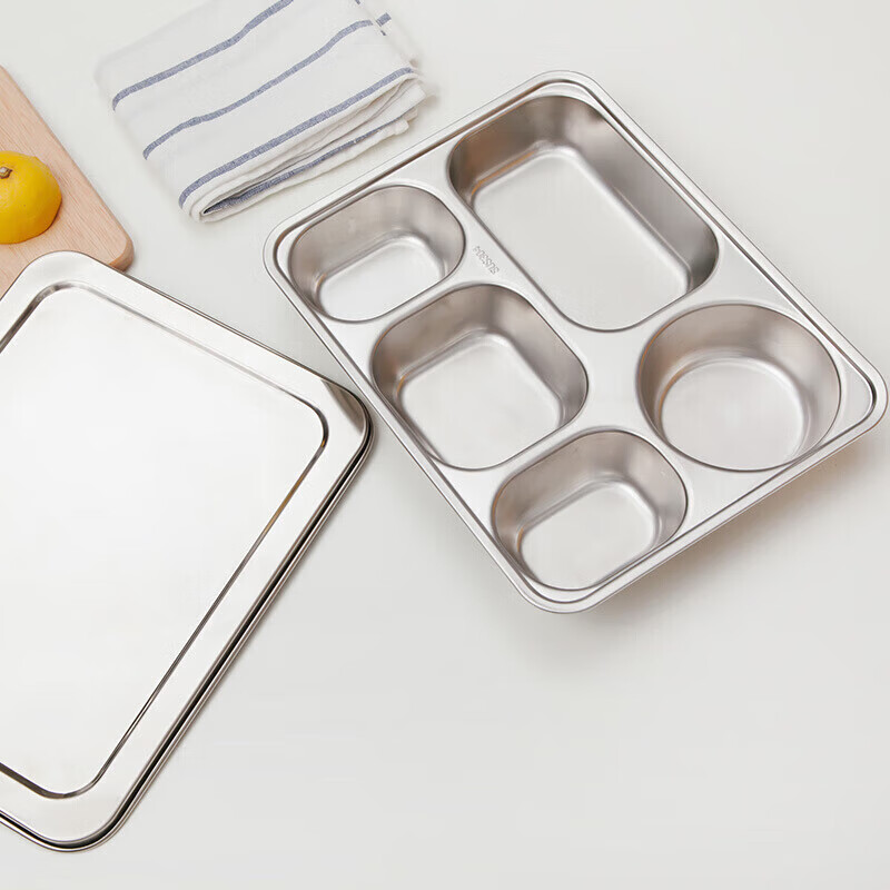 MAXCOOK 304 stainless steel dinner plate lunch box 5 compartments deepened and thickened compartments with lid fast food plate student lunch box MCFT724