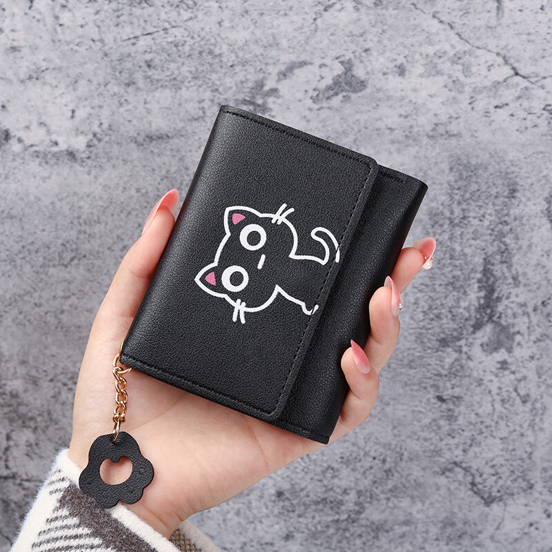 Changyin Cute Cartoon Wallet Women's Short Soft Leather Korean Style Fashion Tri-fold Buckle Small Fresh Student Coin Clip Multiple Card Slots Dark Pink