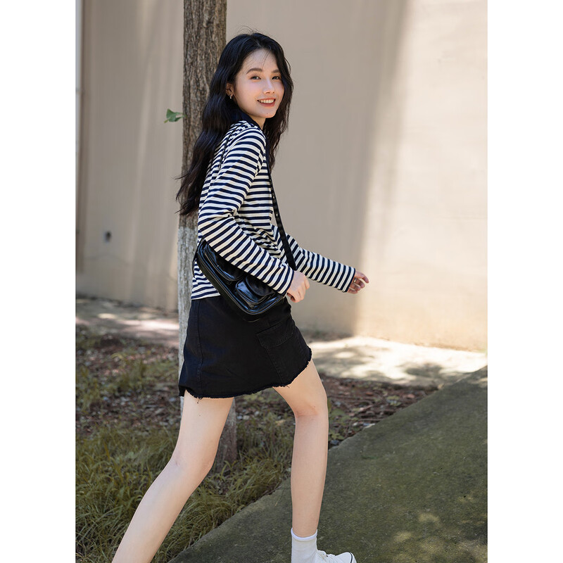 Demana New Interpretation of Stripes 100% Cotton Fresh Contrast Color Striped Polo Collar Versatile Women's T-Shirt Navy L