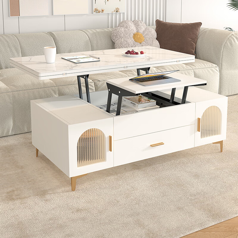 Hongbaolinjia multifunctional lifting coffee table and dining table dual-purpose cream style small apartment living room home all-in-one multi-purpose table foldable 1.2 meters solid wood coffee table snow mountain white glass