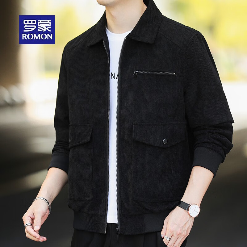 ROMON Jacket Men's 2025 Autumn and Winter New Corduroy Windproof and Coldproof Lapel Loose Casual Jacket Men's Black XL