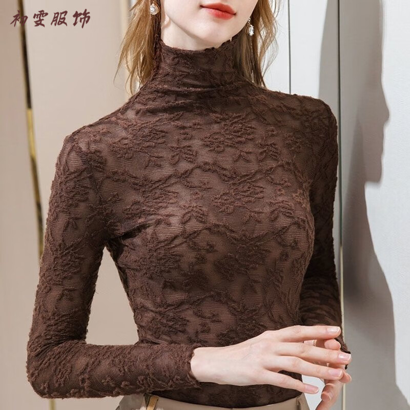 Mei'anjia Autumn and Winter New Fashionable and Western-style Turtleneck Bottoming Shirt for Women with Tight Lace Top, Versatile Long-sleeved T-shirt, Gray Green, Thin Section XL