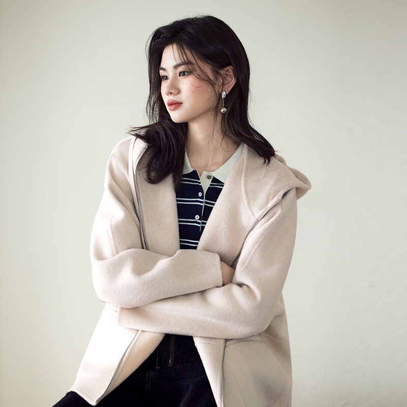 Eveli (eifini) Jiang Xin endorses wool cashmere hooded zipper coat one-hand long woolen coat 2025 winter soft velvet white mid-length sheep wool cashmere S 90-115 catties