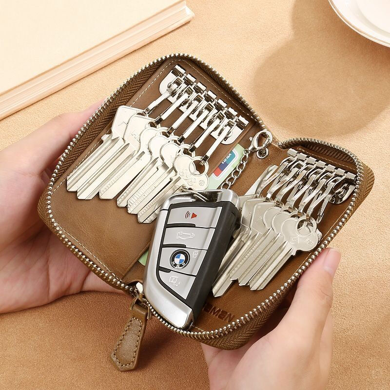 Ye Yu Creative Key Bag Men's Large Capacity Genuine Leather Retro Zipper Key Storage Bag Multi-Function Car Key Bag Cowhide Black/No Waist Hanging Version Replacement if damaged within one year