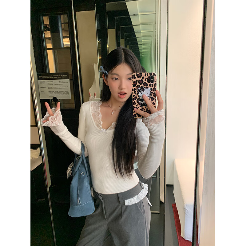 Ono Seven Days white sweater for women in spring and autumn, long-sleeved top, lazy, high-end pullover, retro lace sweater L