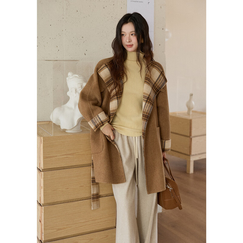 Mystery Show Two-Wear Plaid Double-sided Woolen Coat 2025 Autumn and Winter New Women's Autumn and Winter Retro Woolen Coat Mid-Length Brown Yellow Kagge Jacket S