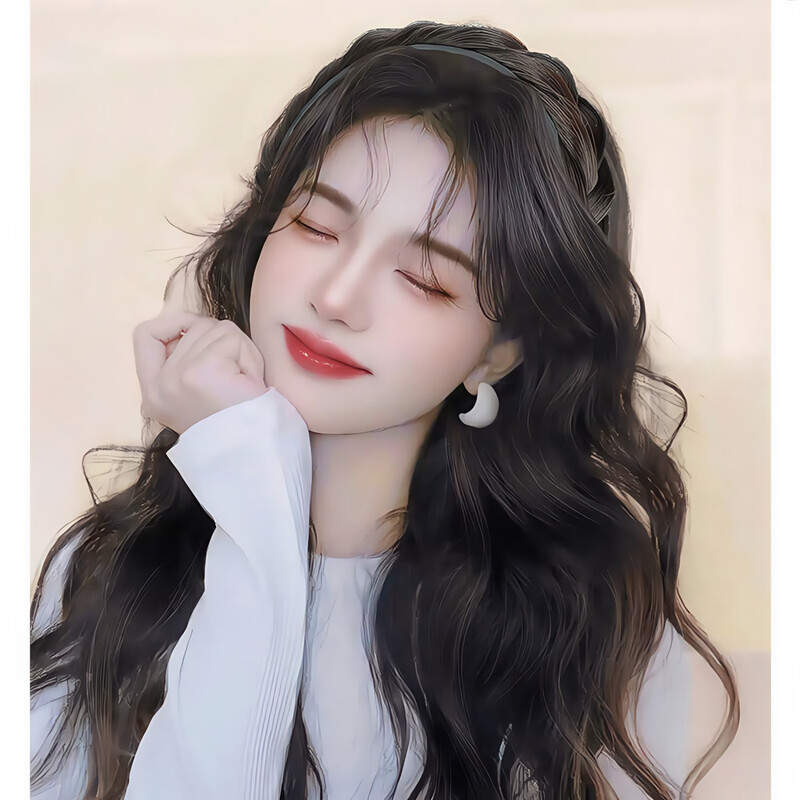 Wig women's long curly hair headband one-piece half wig artificial hair fishbone braid hair extensions wig natural and cute QC black long hair 55cm headband one-piece half wig