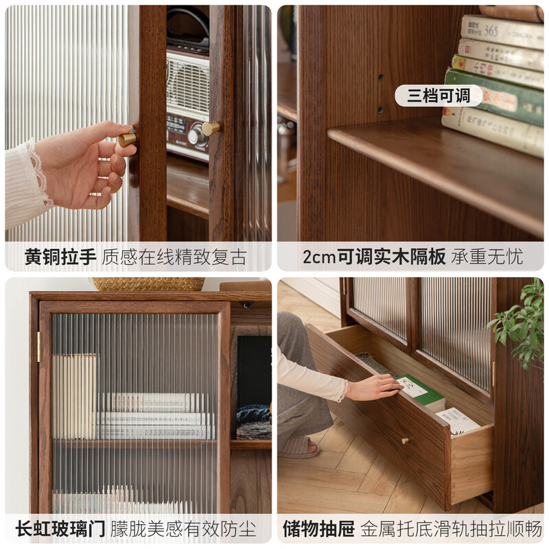 Genji Muyu solid wood dust-proof glass door bookcase background wall floor-to-ceiling whole wall bookshelf simple display cabinet 0.8 meters double door gray glass