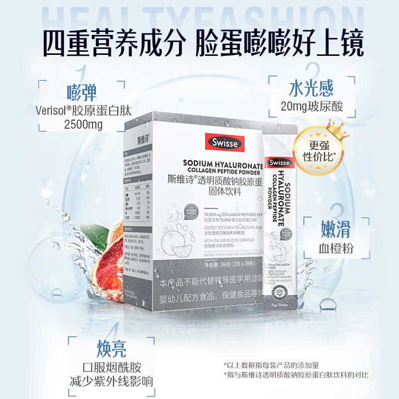 Swisse Collagen Hydrating Powder Sodium Hyaluronate Collagen Peptide Solid Drink Contains Blood Orange Hyaluronic Acid Affordable Double Box Collagen Hydrating Powder 28 Bags*2 Boxes