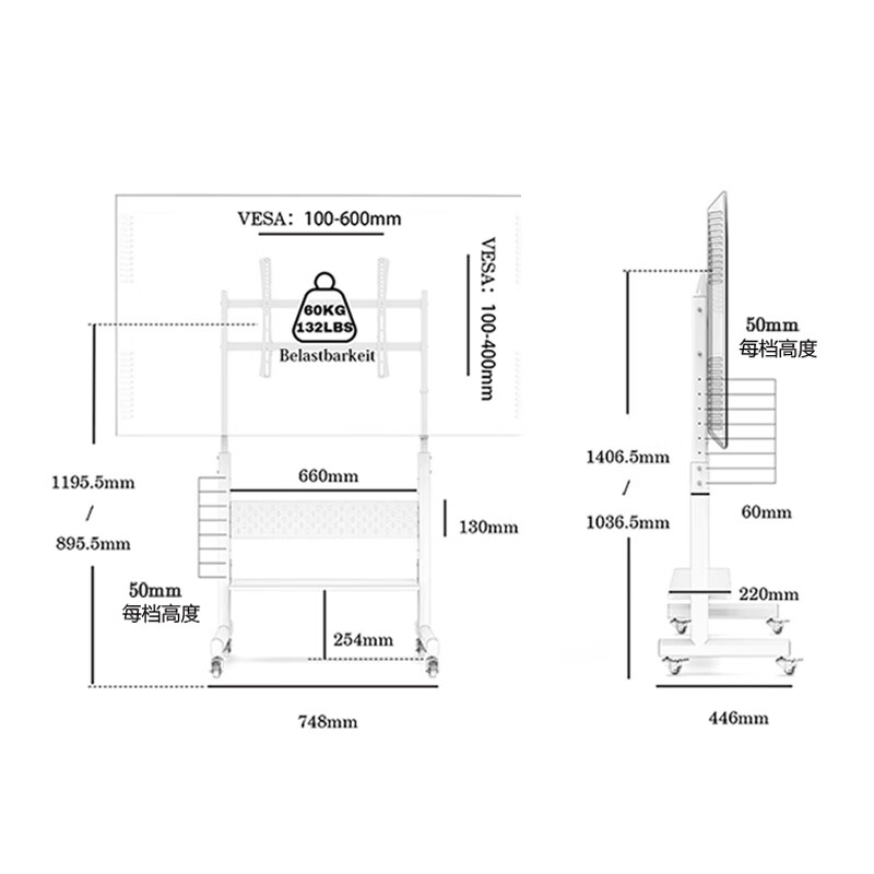 FITUEYES 40-85-inch mobile TV stand floor-standing cart storage storage punch-free conference tablet hanger Universal for Xiaomi Skyworth TCL Hisense Sony Thunderbird and other TVs White + hole board + storage board suitable for 45-85 inch TVs