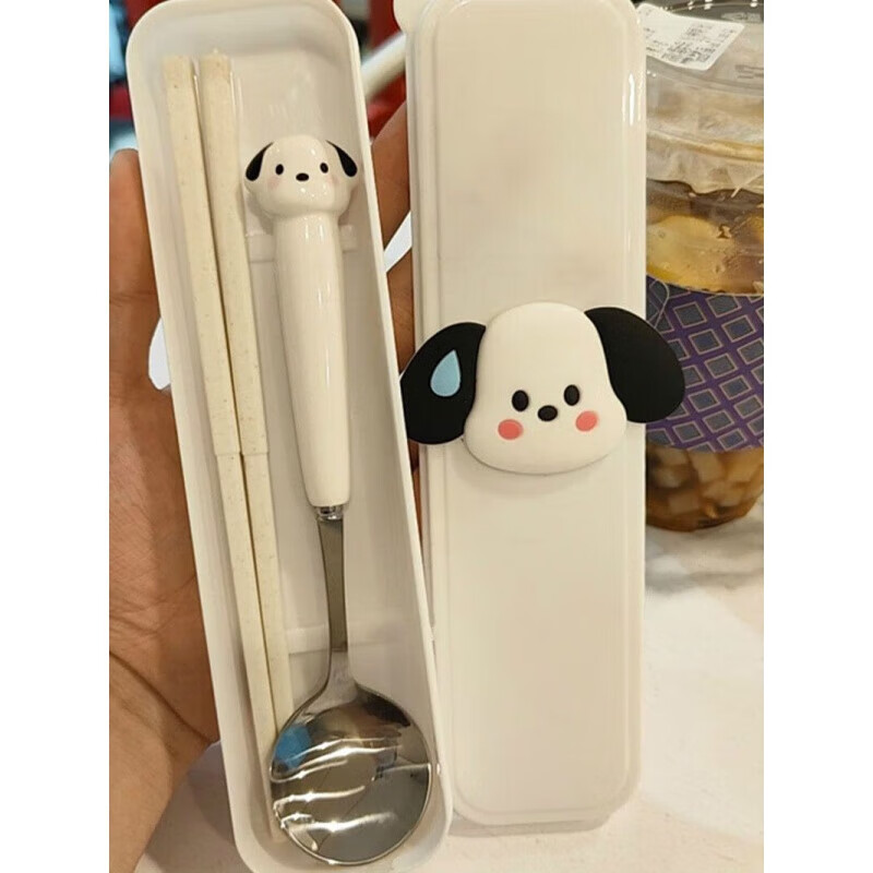 Cute three-piece set of chopsticks, spoon and fork for adults, students and office workers, stainless steel outdoor portable tableware set, spoon + chopsticks + white box